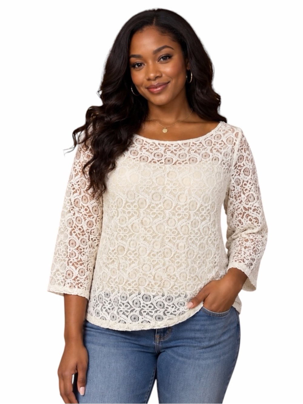 LOFT Medium Ivory/Cream Lace Elbow Length Sleeves Boat Neckline Blouse Chic